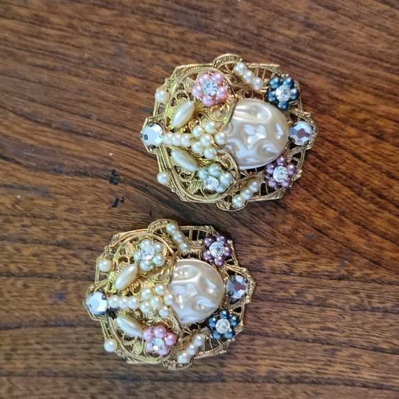 Vintage Beaded Clip on Earrings pearl sparkle